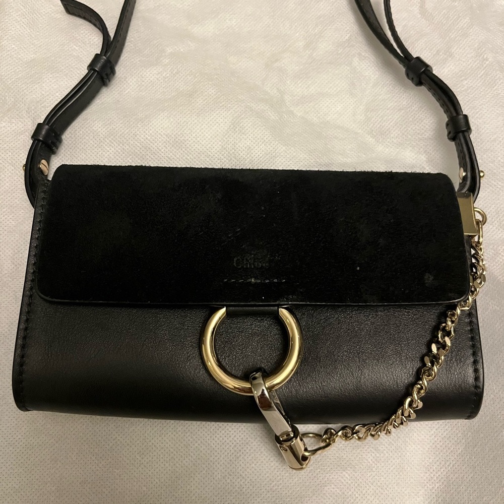 Chloe Faye Small Black Leather Suede Crossbody Shoulder Strap Bag/Wallet EUC